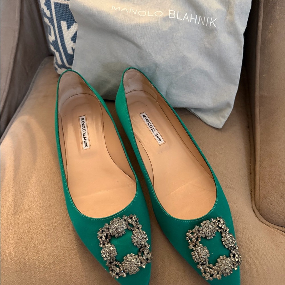 Manolo Blahnik Emerald Green Hangisi Flats with Embellishments